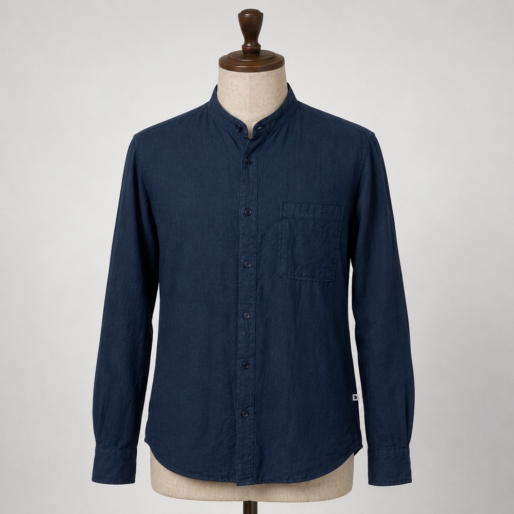 NN07 No Nationality Derek Linen Band Collar Shirt Mens Medium Navy Blue Long Slv